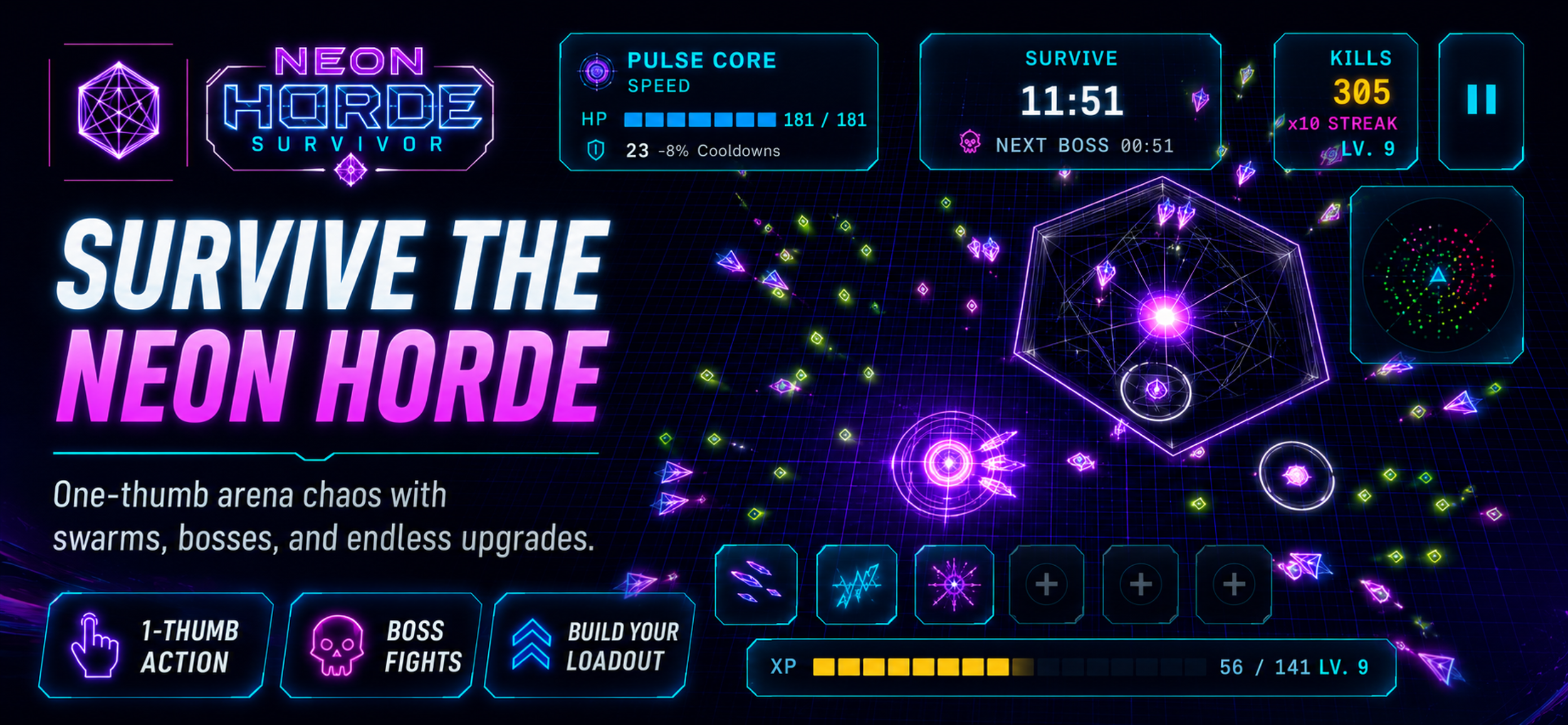 Neon Horde Survivor arena run with a swarm of enemies