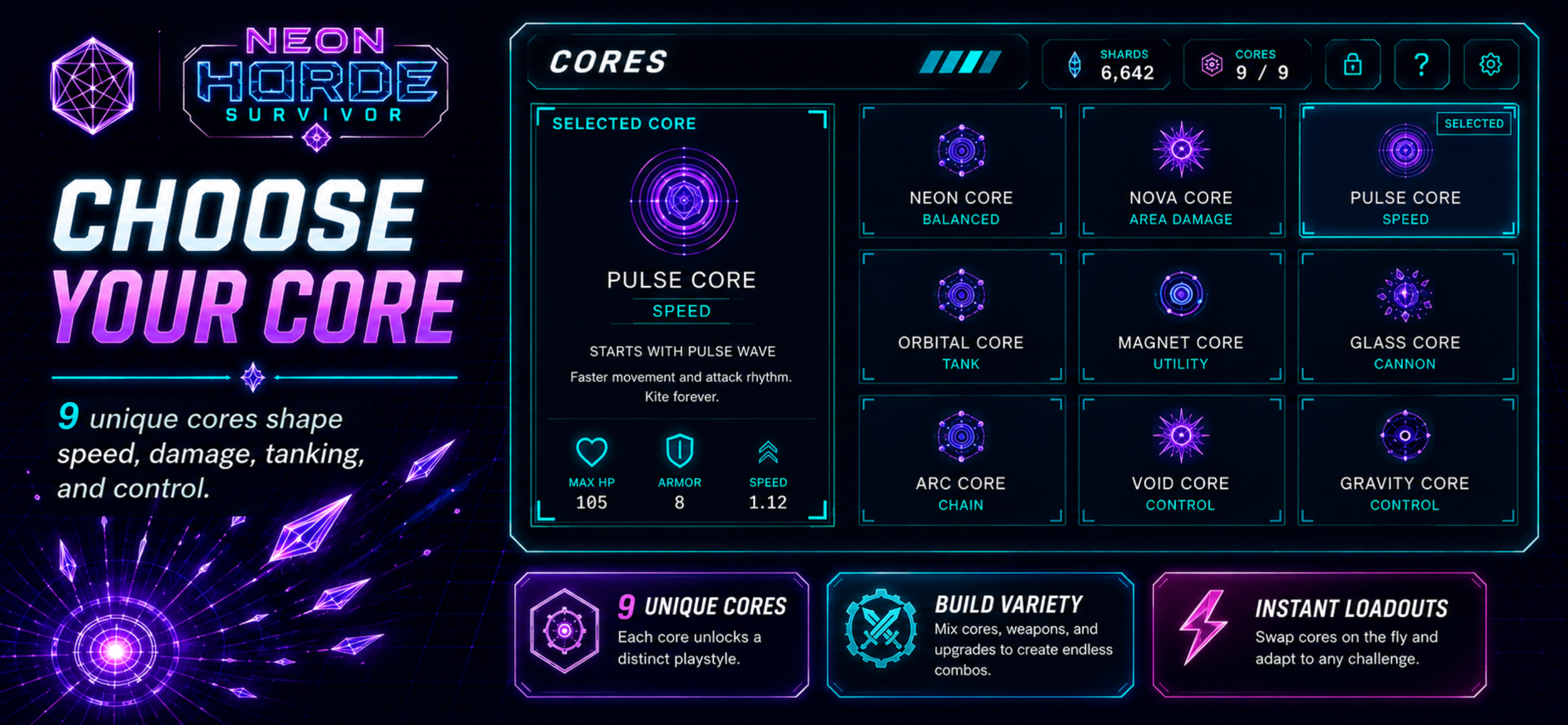 Neon Horde Survivor core selection screen