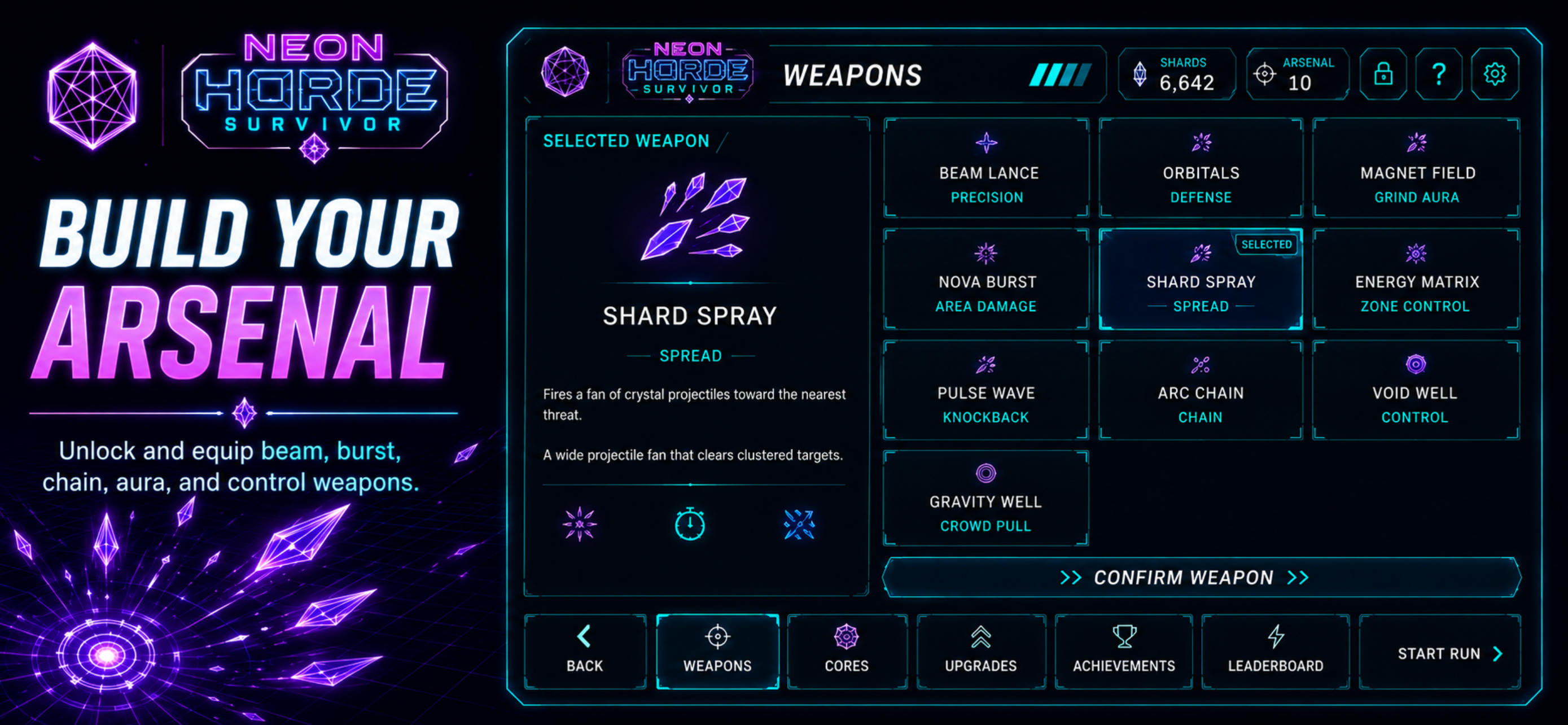 Neon Horde Survivor weapon selection screen