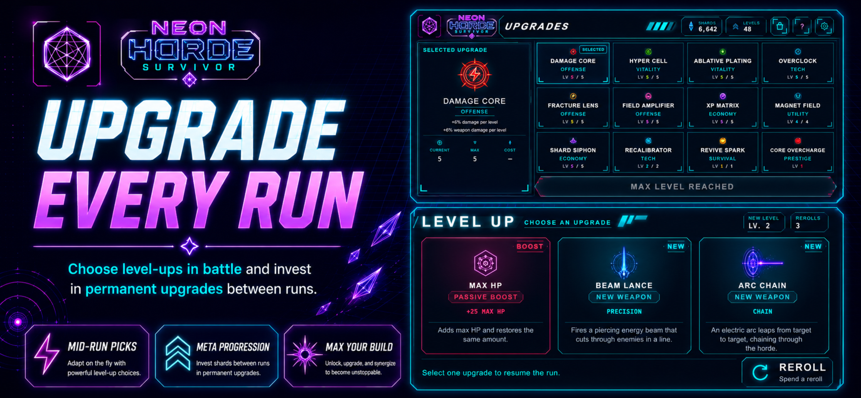 Neon Horde Survivor upgrade selection screen