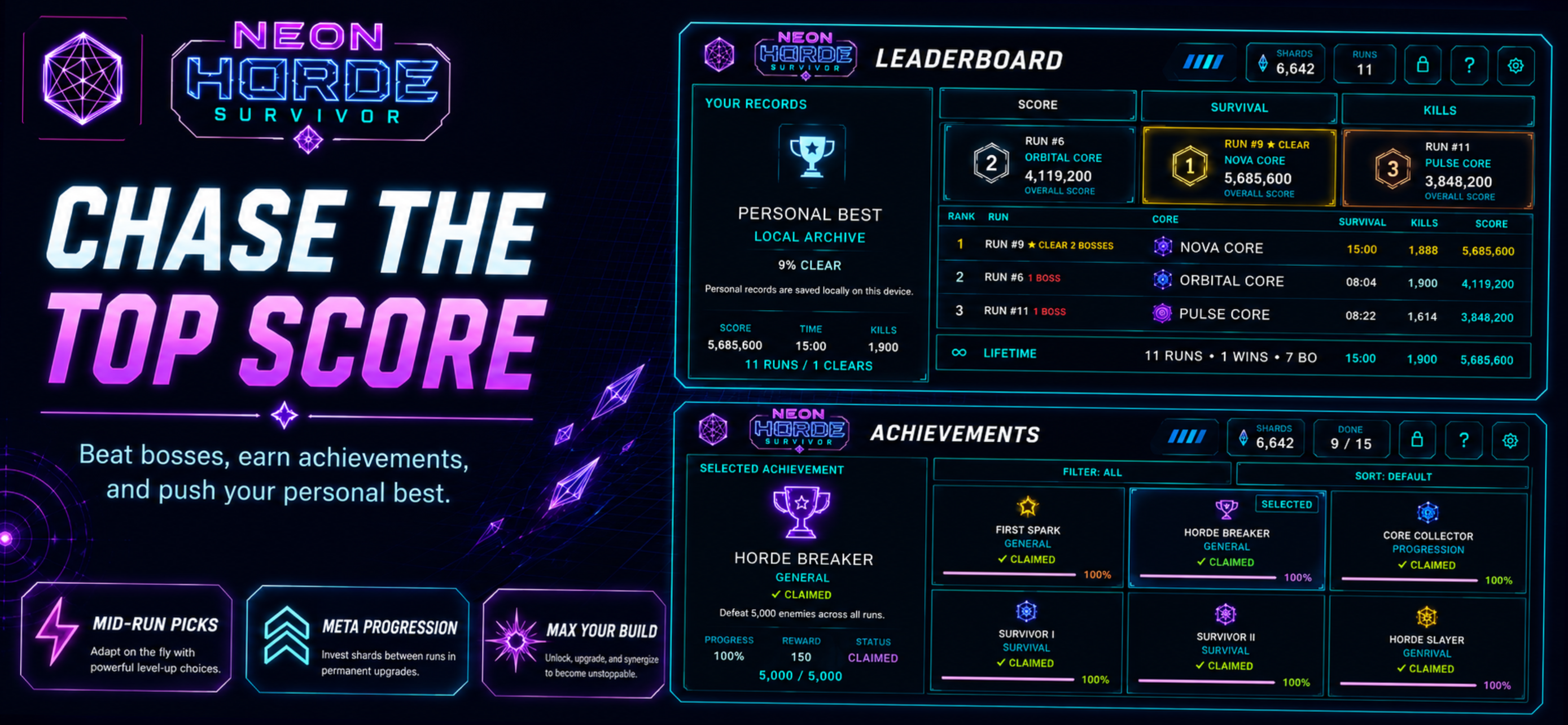 Neon Horde Survivor leaderboard and achievements screens