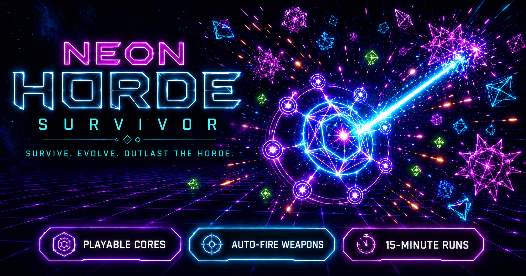 A neon core firing through a field of luminous enemies